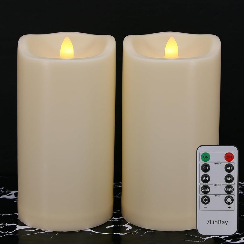 7LinRay Store شموع كبيرة بدون لهب مع جهاز تحكم عن بعد ومؤقتات مقاومة للماء، 8" × 4" تعمل بالبطارية مع وميض LED لشموع الأعمدة الخارجية، بلاستيك عاجي، تدوم طويلاً، مجموعة من 2 - Image 1